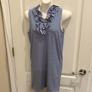 Sailor - Sailor Blue and White Striped Sleeveless Dress with Ruffled Neckline S